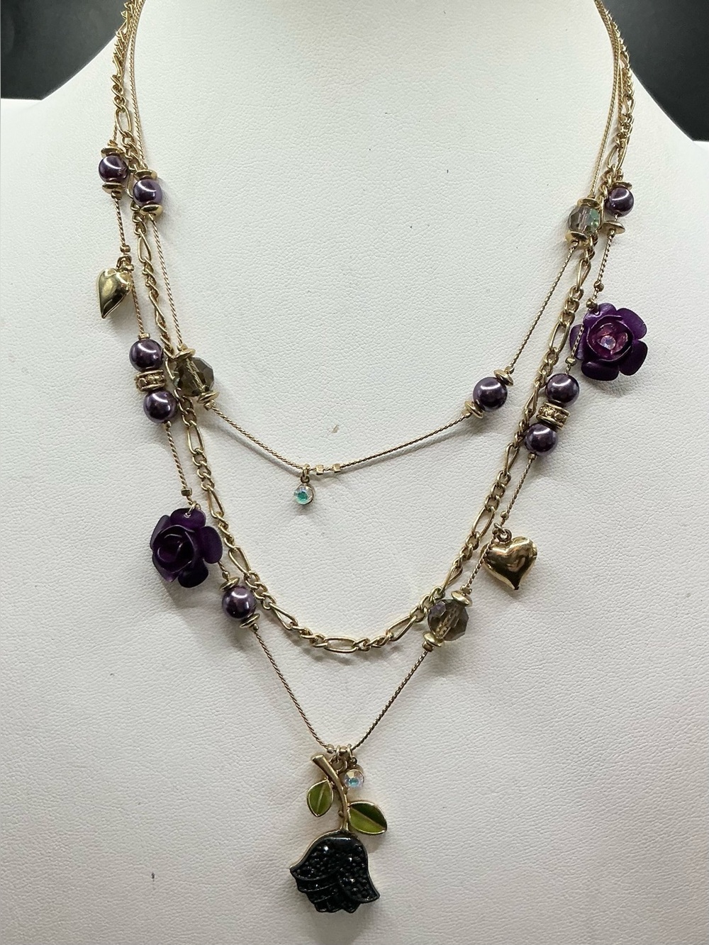 BETSEY JOHNSON GOLDTONE PURPLE GREEN BLACK FLORAL MULTI STRAND NECKLACE
